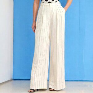 Lauren Ralph Lauren Andover White Striped Linen‎ Blend Wide Leg Dress Pants